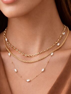 353. 18k gold plated 3 layers Gold Multi-Layer Pearl Station Necklace